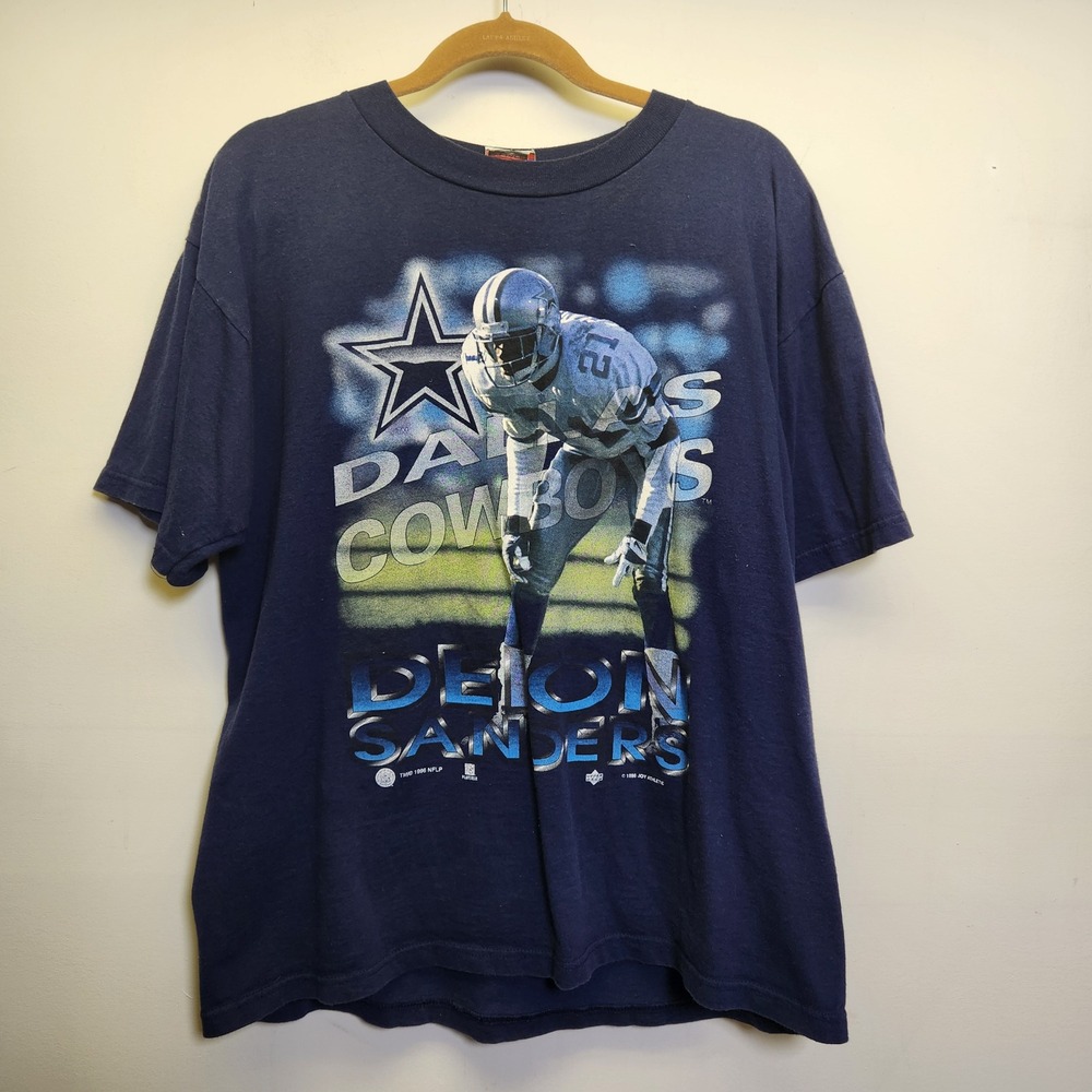 Vtg Sport Attack 1996 Deion Sanders Dallas Cowboys Graphic T-Shirt Lrg EUC Blue